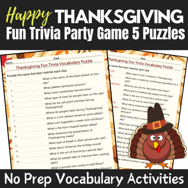 thanksgiving fun trivia game pack of 10 puzzles with solutions no prep vocabulary activity